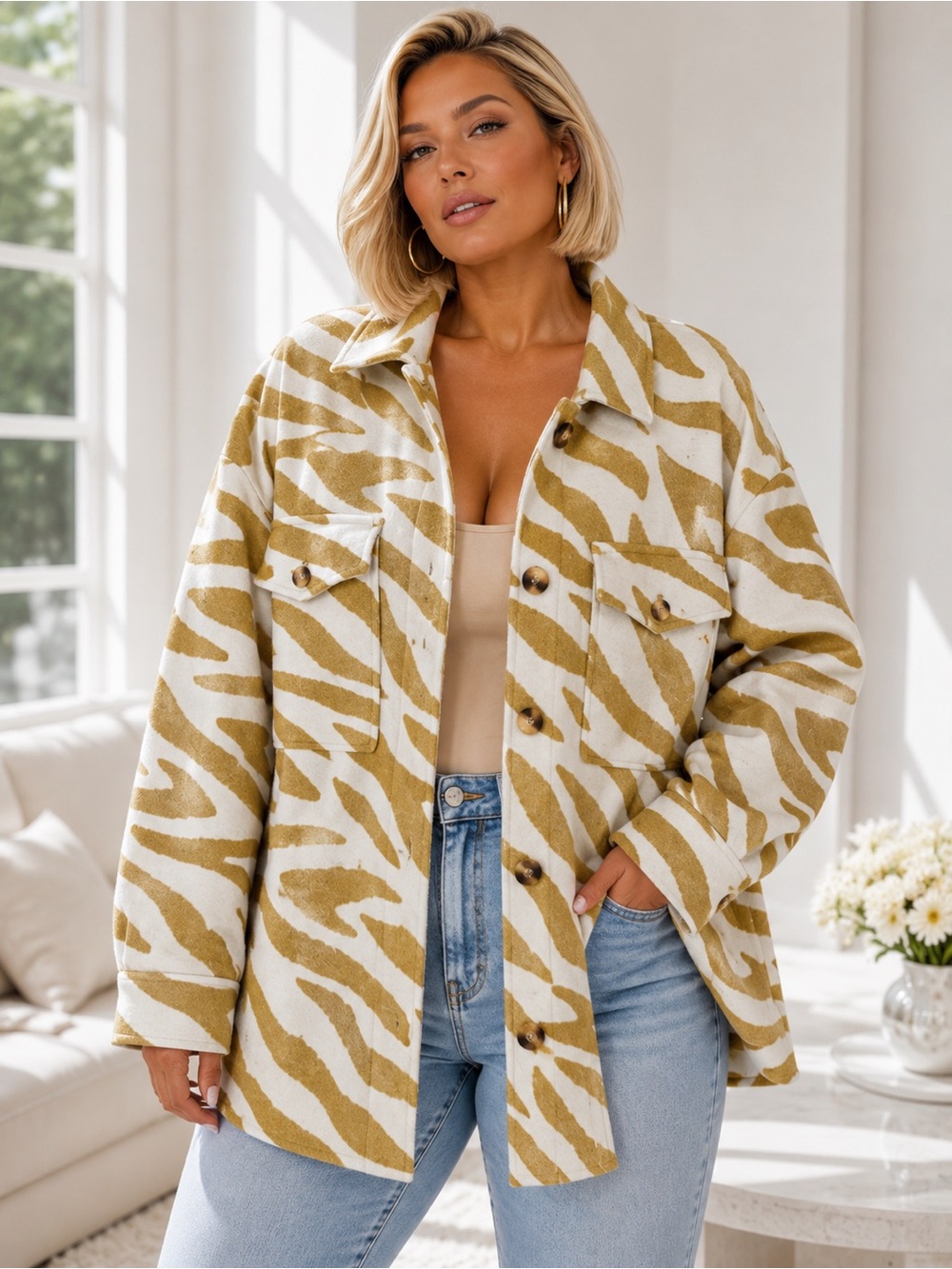 NWT SCOOP NYC Gold White Zebra Print Wool Blend Oversized Shacket Size XXL (20)